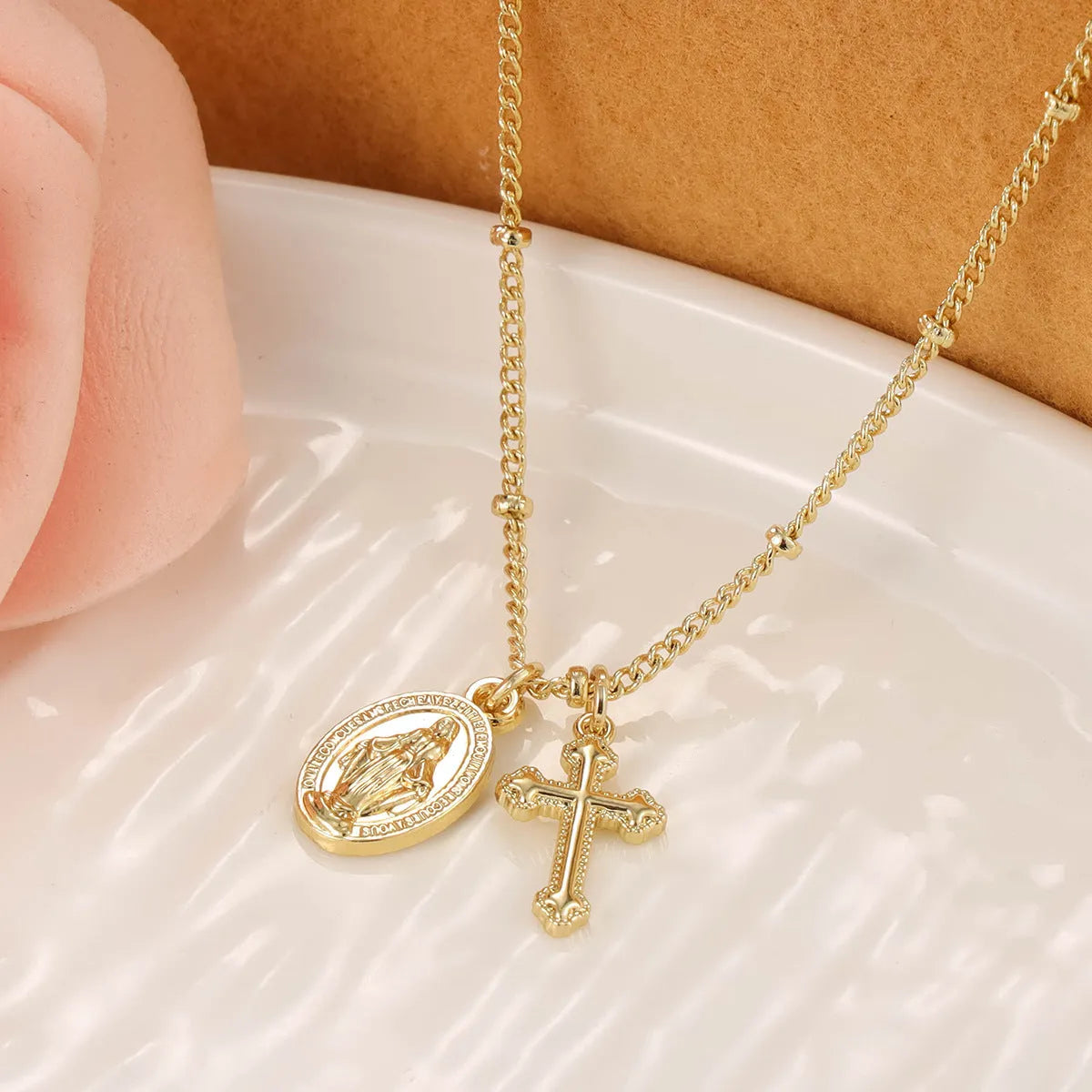 Gold geometric cross Virgin Mary necklace for women with simple chain