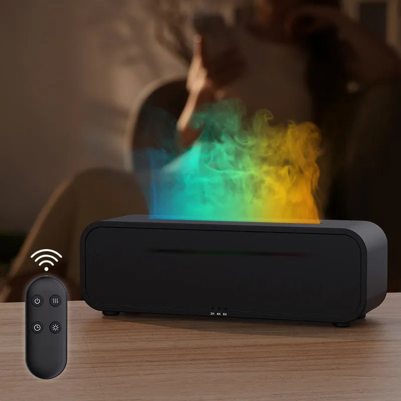 Black aromatherapy diffuser with colour-changing lights and remote control on table