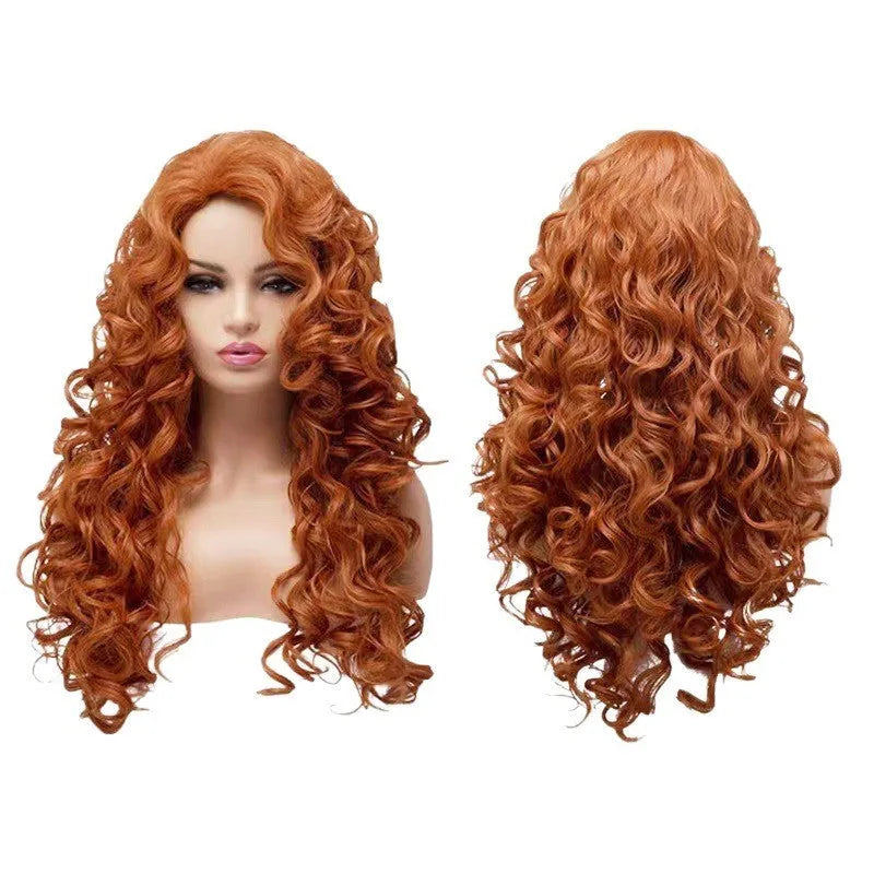 Long brown curly wavy synthetic wig for Halloween cosplay or fashion wear.