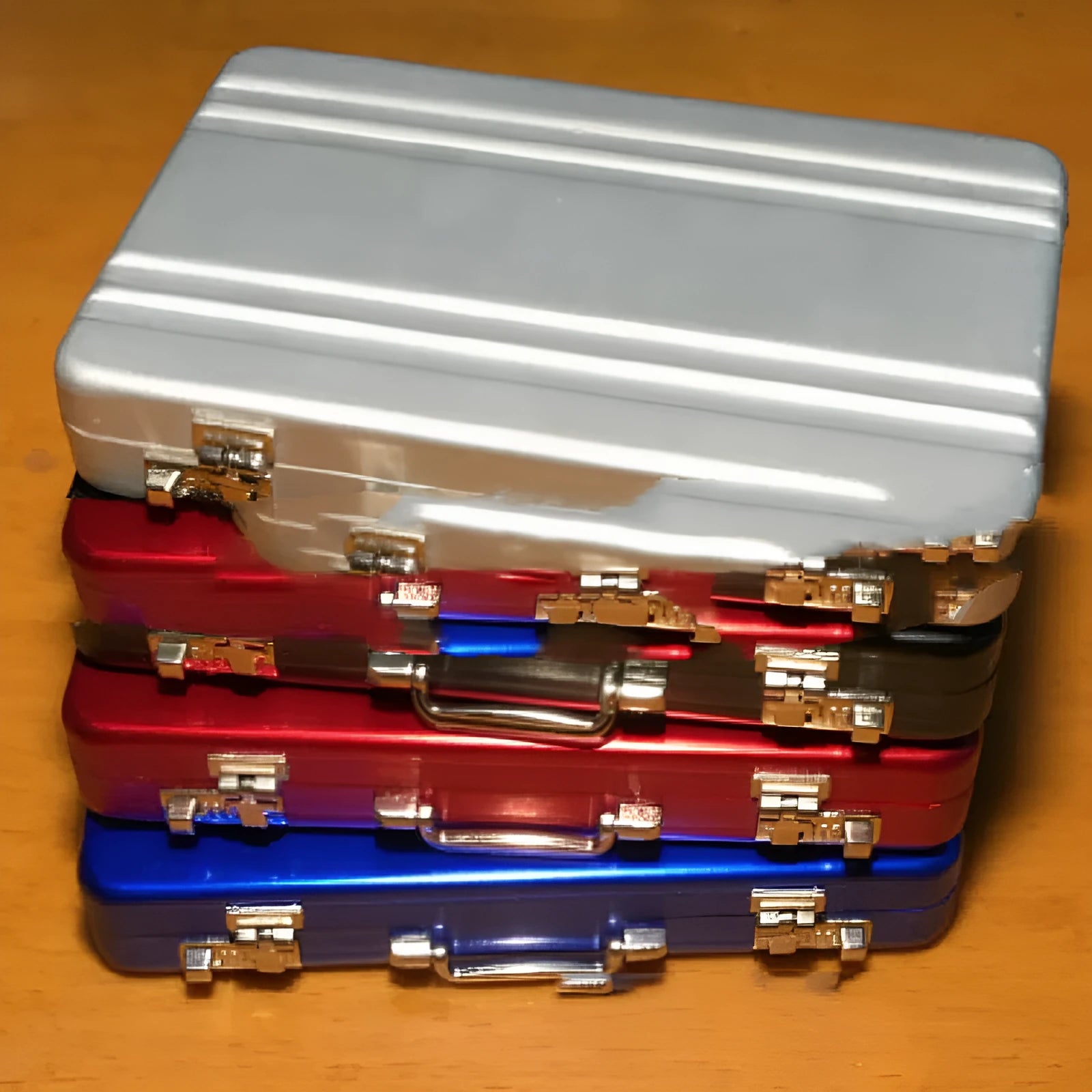 Aluminium alloy metal card holder in red colour showing dimensions of 100mm width 65mm height