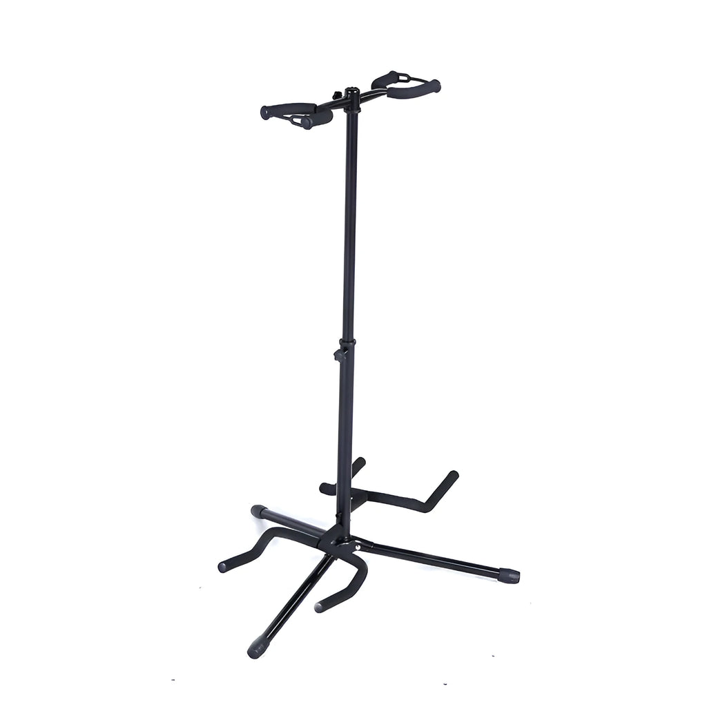 Black vertical guitar stand with double heads and adjustable support arms for acoustic and electric instruments