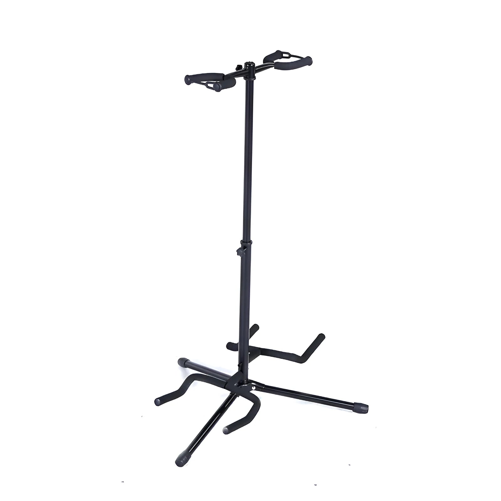 Black vertical guitar stand with double heads and adjustable support arms for acoustic and electric instruments