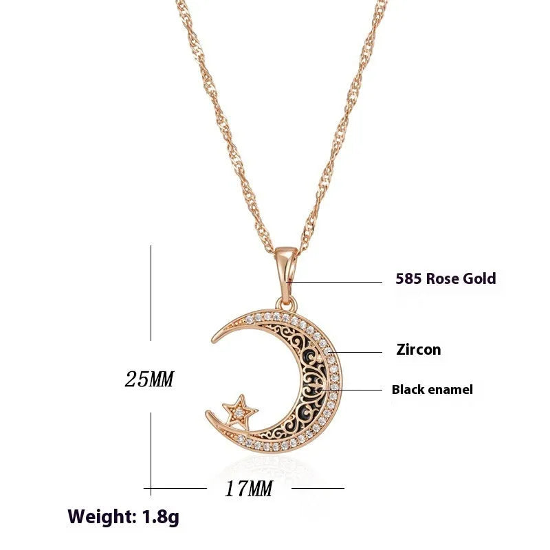 Rose gold necklace with zircon star moon pendant and enamel detailing on adjustable water wave chain