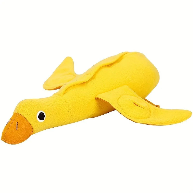 Yellow plush teddy dog toy with a duck squeaker and hidden treat pockets for training and chewing