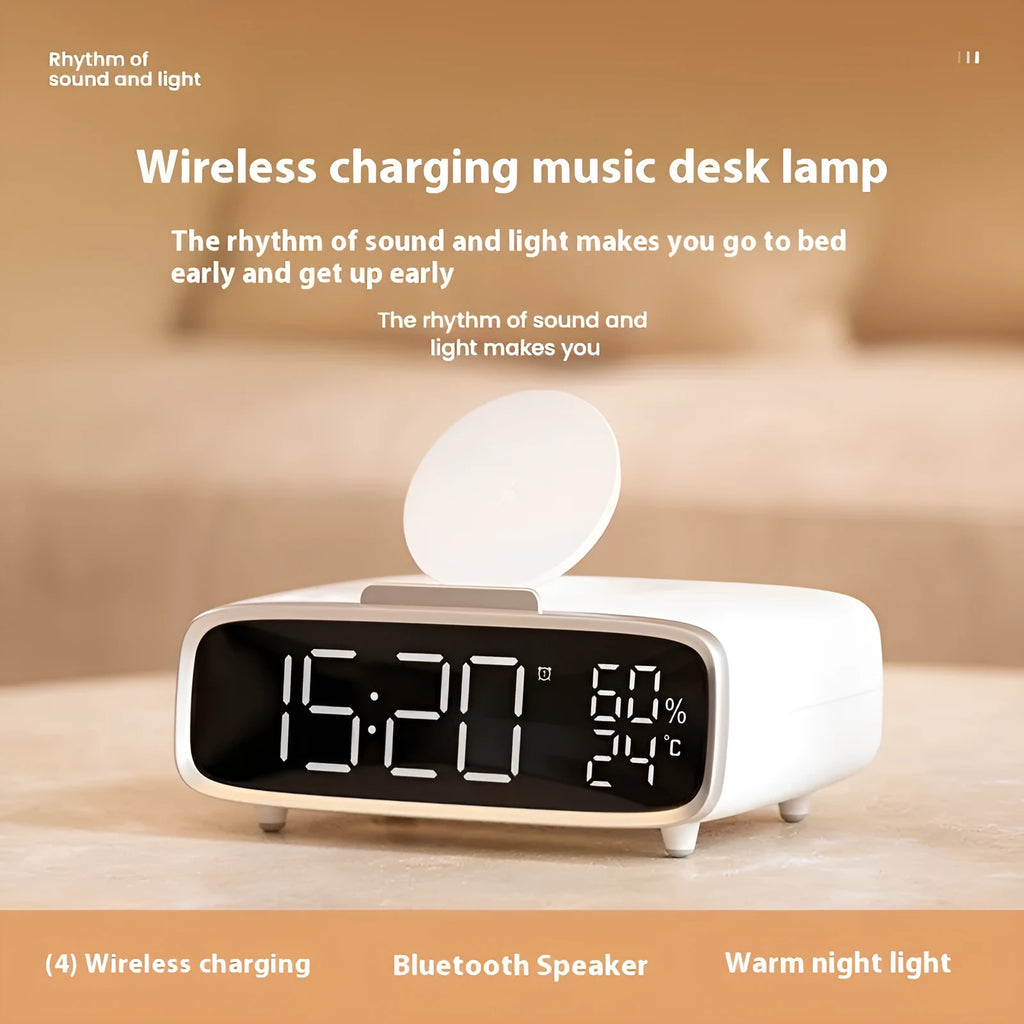 White wireless charging stand with built-in Bluetooth speaker and night light on bedside table