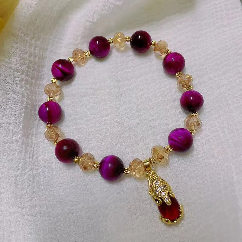 Handmade Tigereye stone bracelet showing single and double chain options in green and rose red styles.