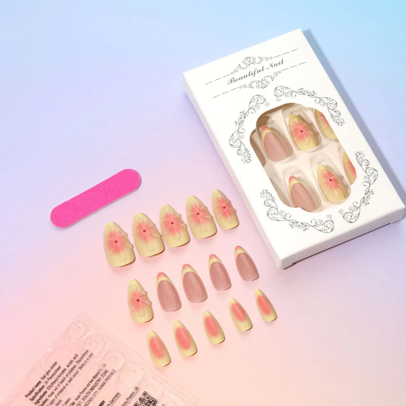 Cartoon style 3D flower pattern false nails set with plastic applicator and jelly glue.