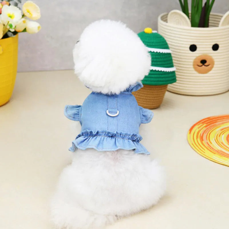 Blue denim pet dress with ruffles on the chest and a metal leash hook.