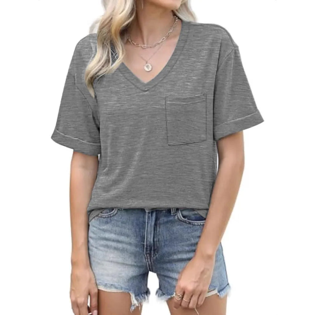 Grey loose fit V-neck t-shirt with chest pocket on mannequin