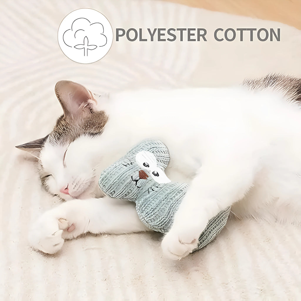 Cyan knitted plush cat toy with rope sections, containing catnip and a bell, shown on a white background.