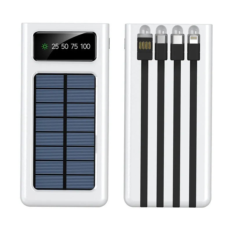 Solar power bank with 20000mAh capacity and integrated charging cables in black or white plastic case