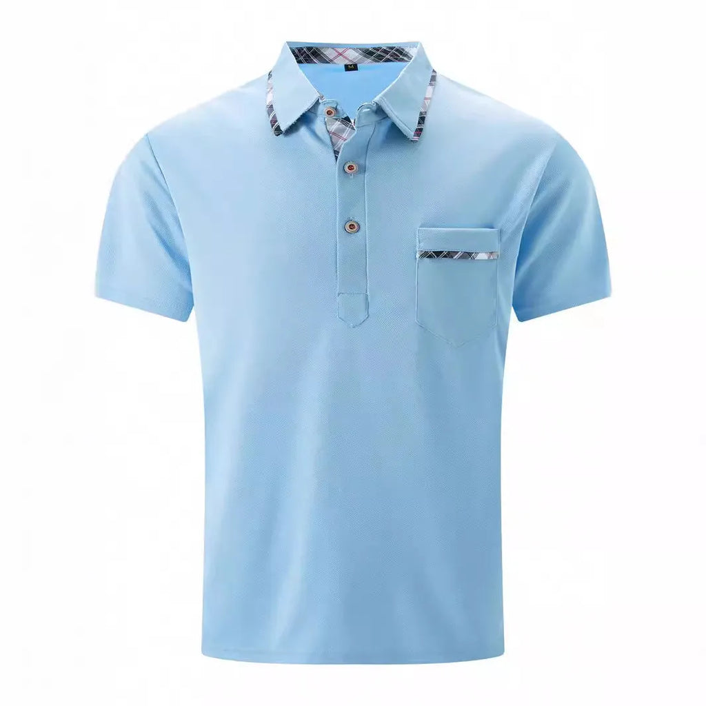 Men's short sleeve lapel polo shirt with dot pattern, available in black, wine red, sky blue and pink, sizes S to XXXL.