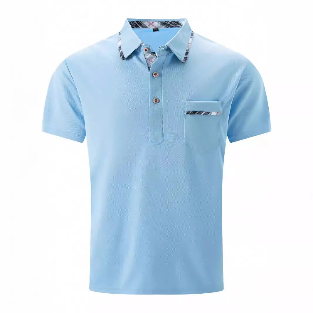 Men's short sleeve lapel polo shirt with dot pattern, available in black, wine red, sky blue and pink, sizes S to XXXL.