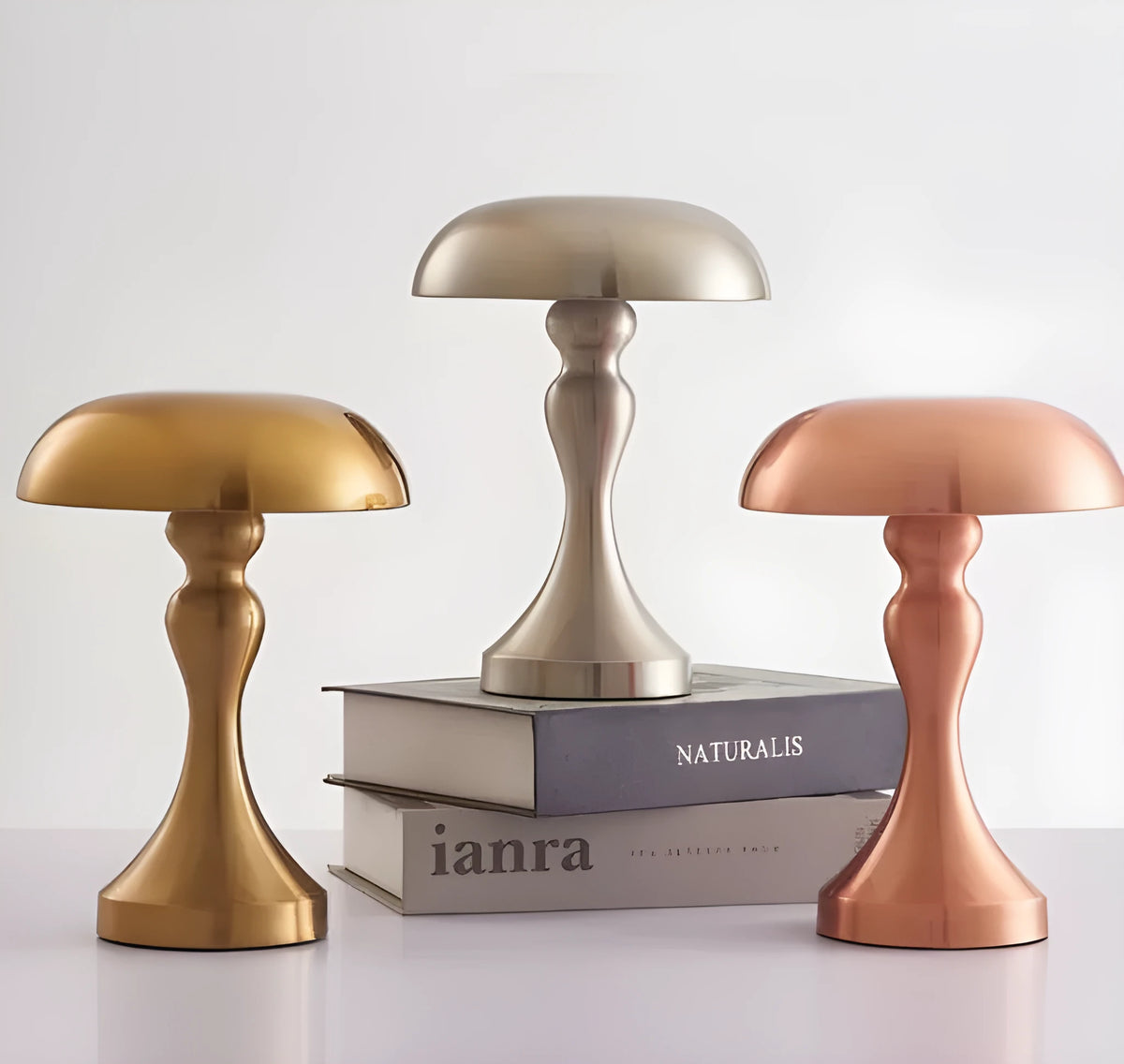 Metallic bronze gold silver USB rechargeable tricolour touch control LED desk lamp.
