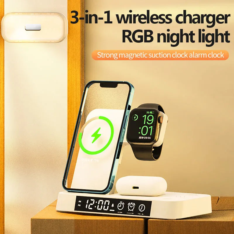 White 4-in-1 wireless charging station with foldable phone stand, alarm clock display, and RGB night light