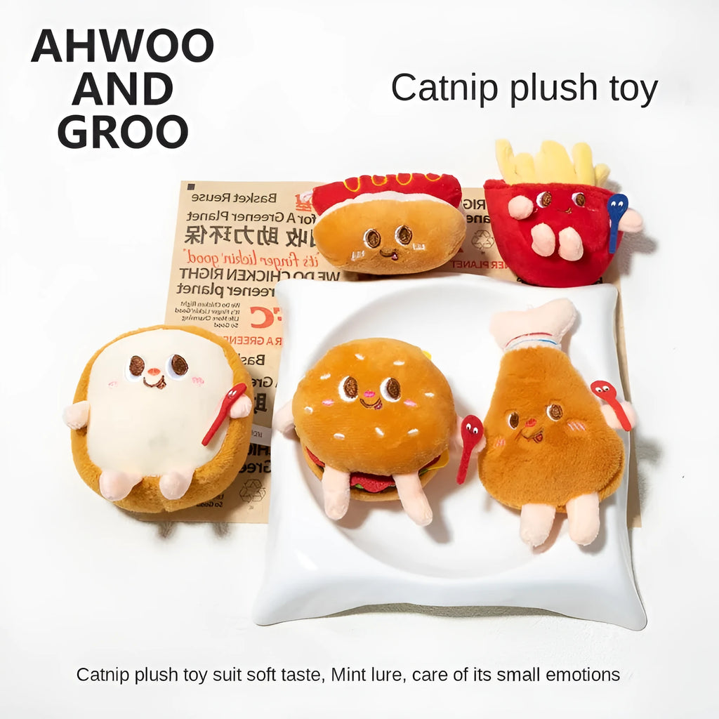 Set of soft cat chewing toys shaped like a chicken leg, hamburger, fries, hot dogs, and bread.