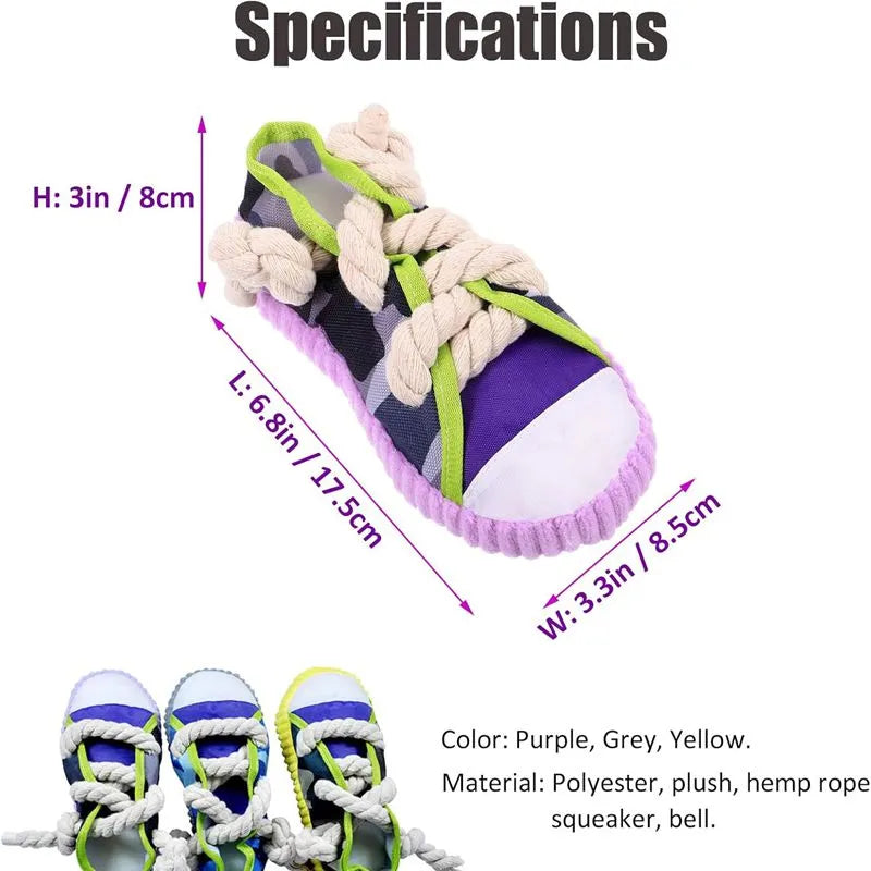 Realistic shoe-shaped dog toy in grey, purple, or yellow with laces, sole patterns, built-in squeaker and bell.