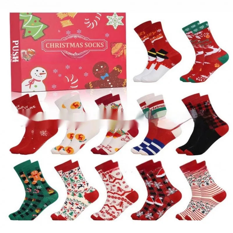 Assortment of seven different resin Christmas sock blind boxes for holiday decoration
