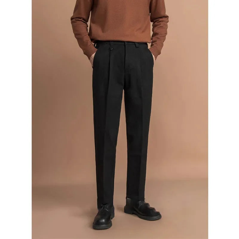 Men's straight leg casual trousers in polyester fabric, shown in a light business style.
