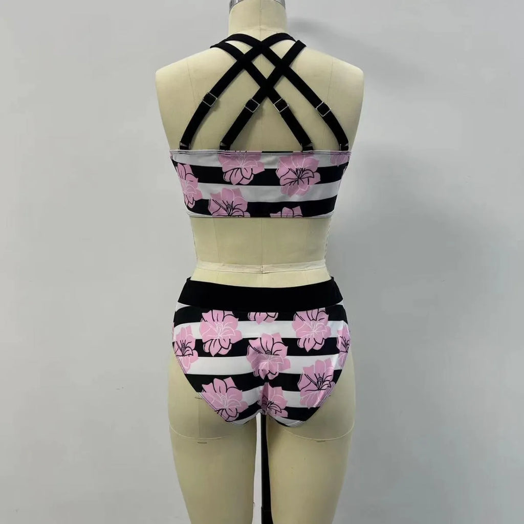 Black printed women's two-piece bikini with tummy control and split design