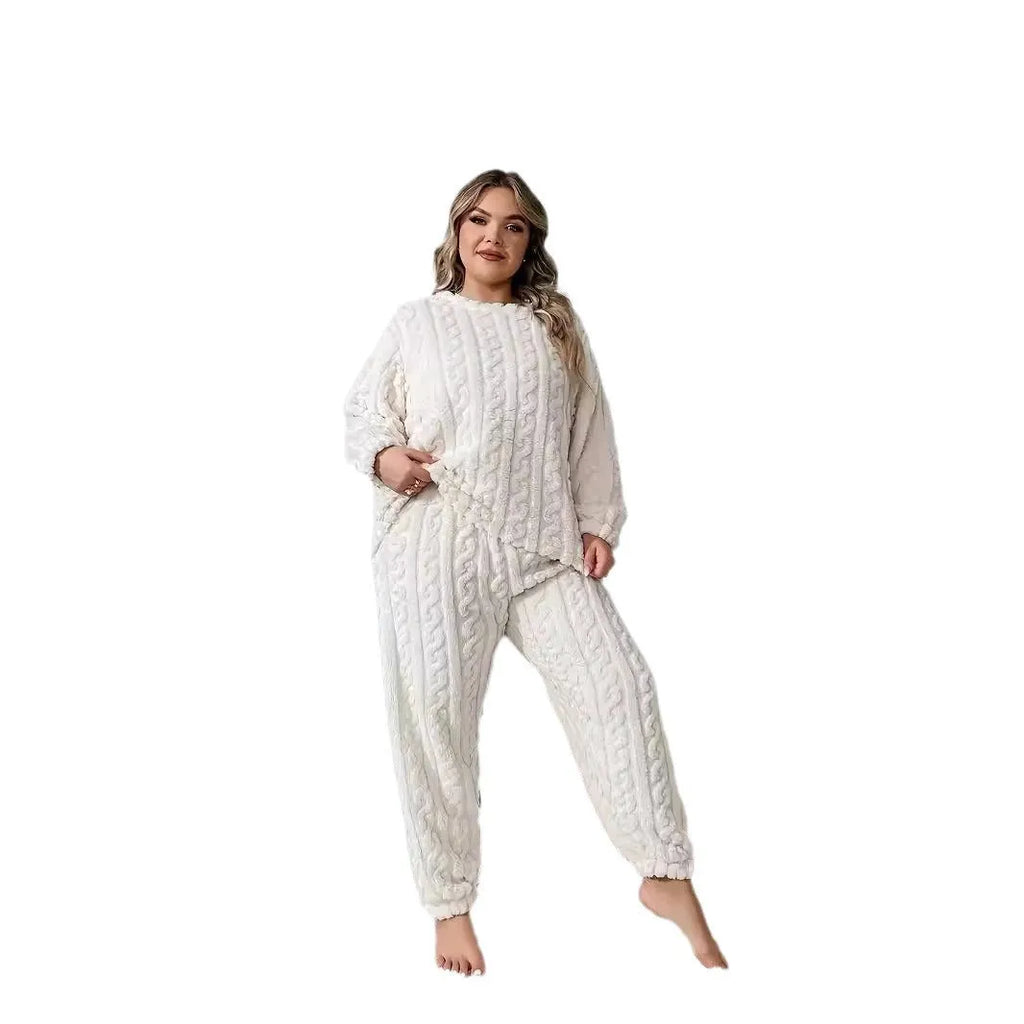 Women's creamy white polyester pyjama set with crew neck top and full-length trousers