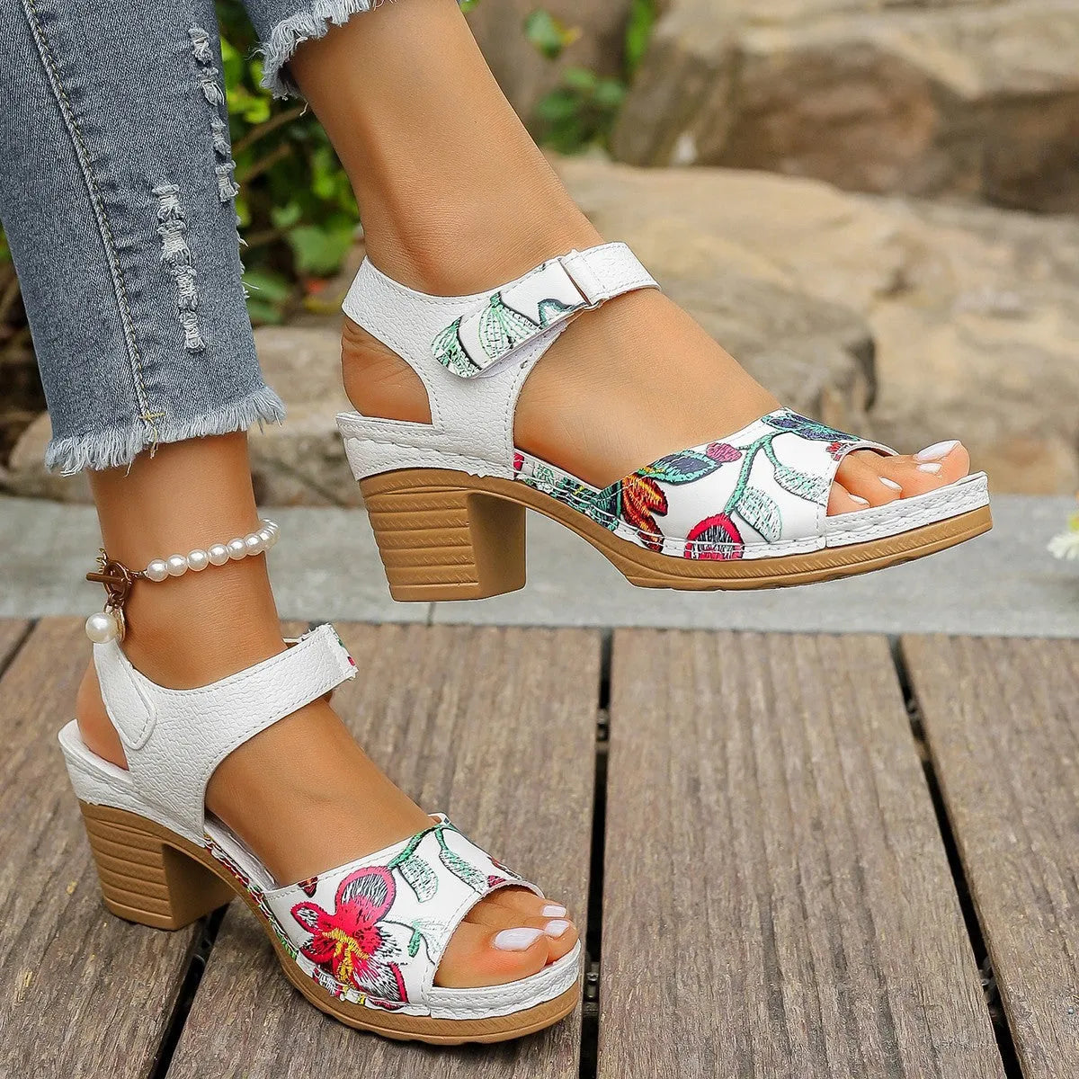 White women's casual high heel sandals with Velcro buckle closure and rubber sole