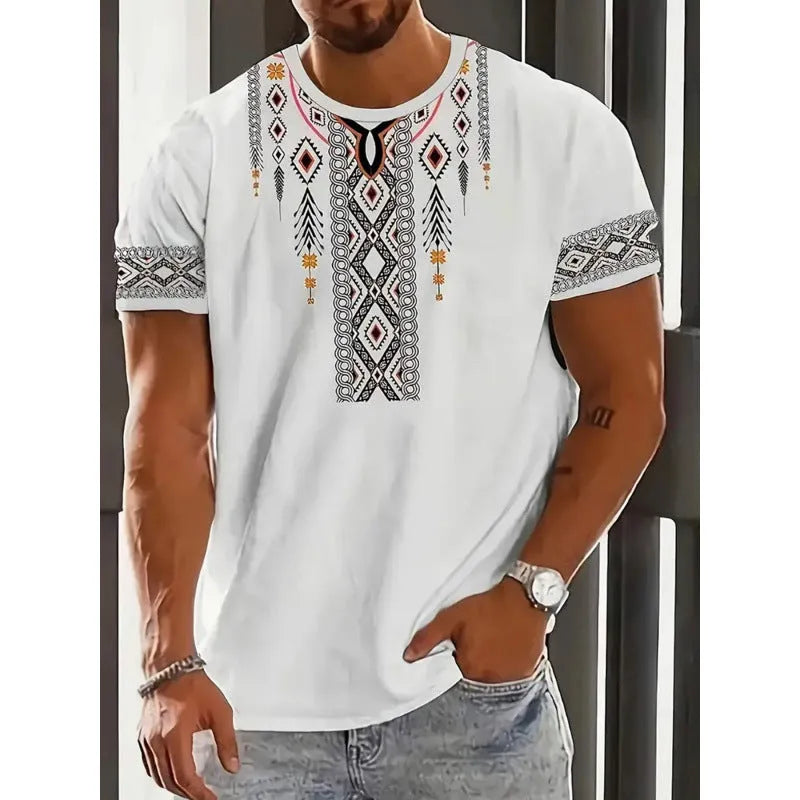 Men's striped digital 3D printed t-shirt in loose fit casual style with short sleeves