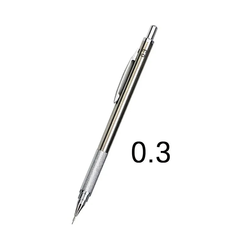 Metal automatic mechanical pencil shown with various lead size options including 0.5mm, 0.7mm, and 2.0mm.