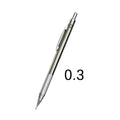Metal automatic mechanical pencil shown with various lead size options including 0.5mm, 0.7mm, and 2.0mm.