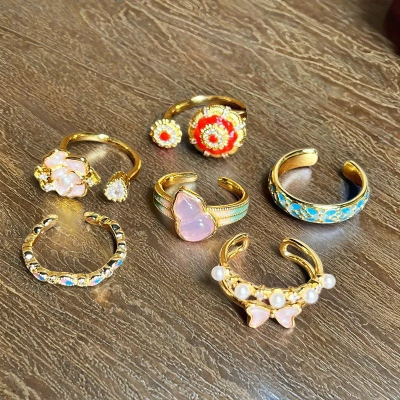 Adjustable copper gourd ring with vintage oil dripping finish and New Chinese style decoration