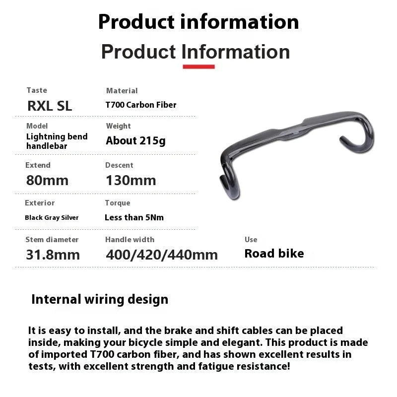Carbon fibre road bicycle drop handlebar in black, grey, and silver UD weave, shown in 400mm, 420mm, and 440mm widths.