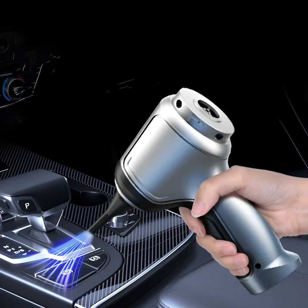 Handheld car vacuum cleaner with brushless motor and inflatable nozzle attachment on grey background