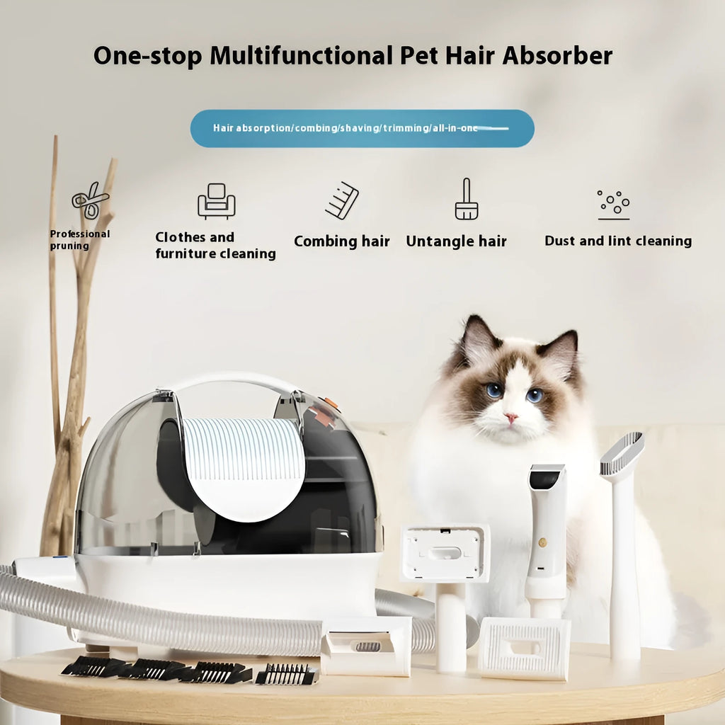 Pink and white multifunctional pet hair conditioner shaving vacuum cleaner with hose and grooming attachments