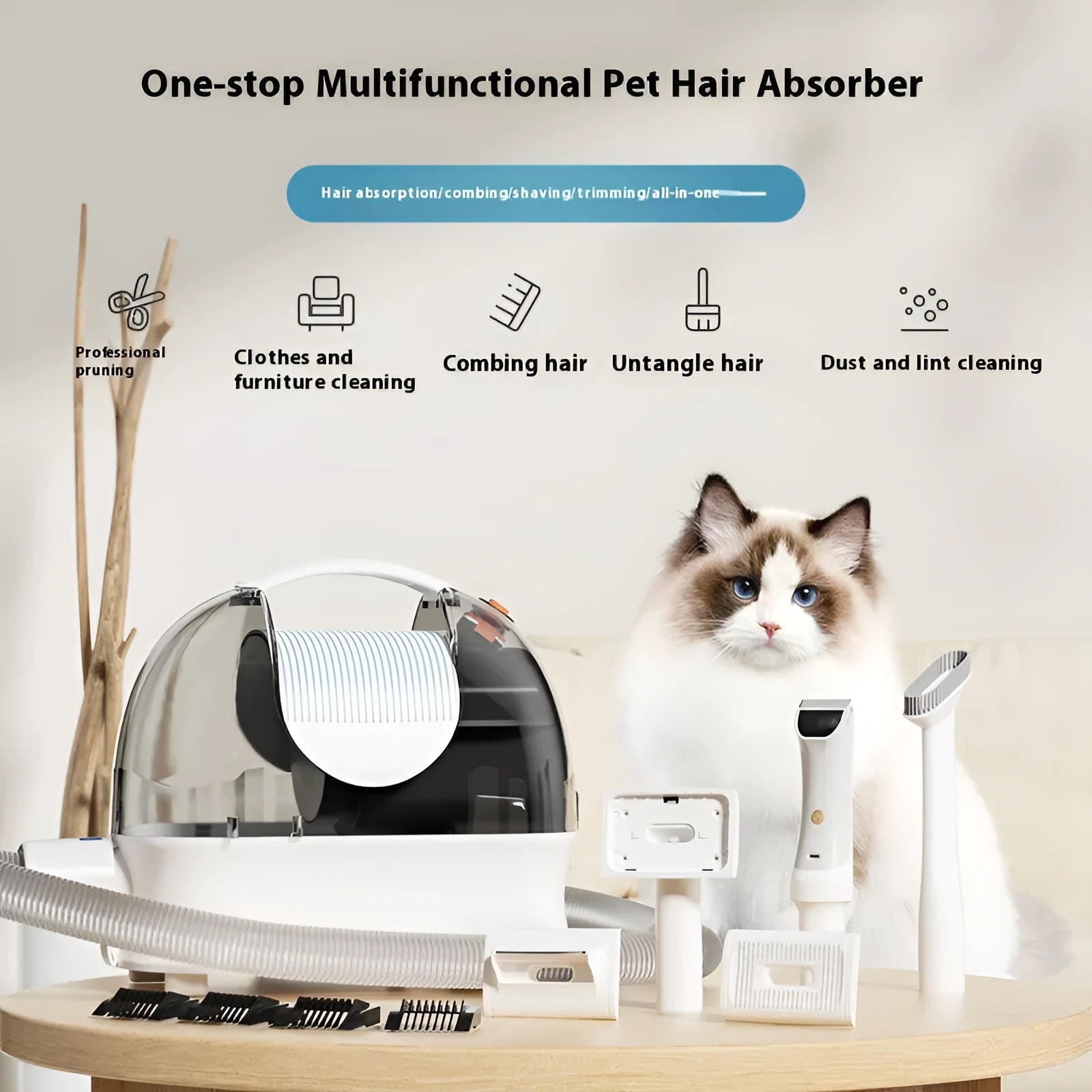 Pink and white multifunctional pet hair conditioner shaving vacuum cleaner with hose and grooming attachments