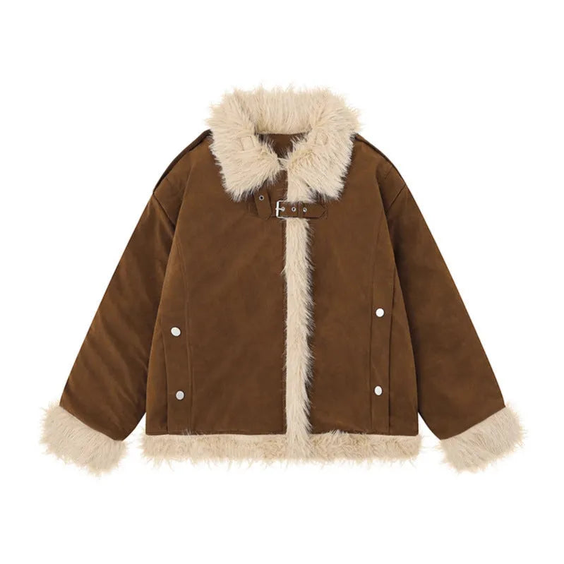 Women's retro lamb wool coat in black, brown, or pink, loose fit polyester, sizes S to XL