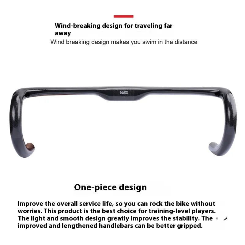 Carbon fibre road bicycle drop handlebar in black, grey, and silver UD weave, shown in 400mm, 420mm, and 440mm widths.