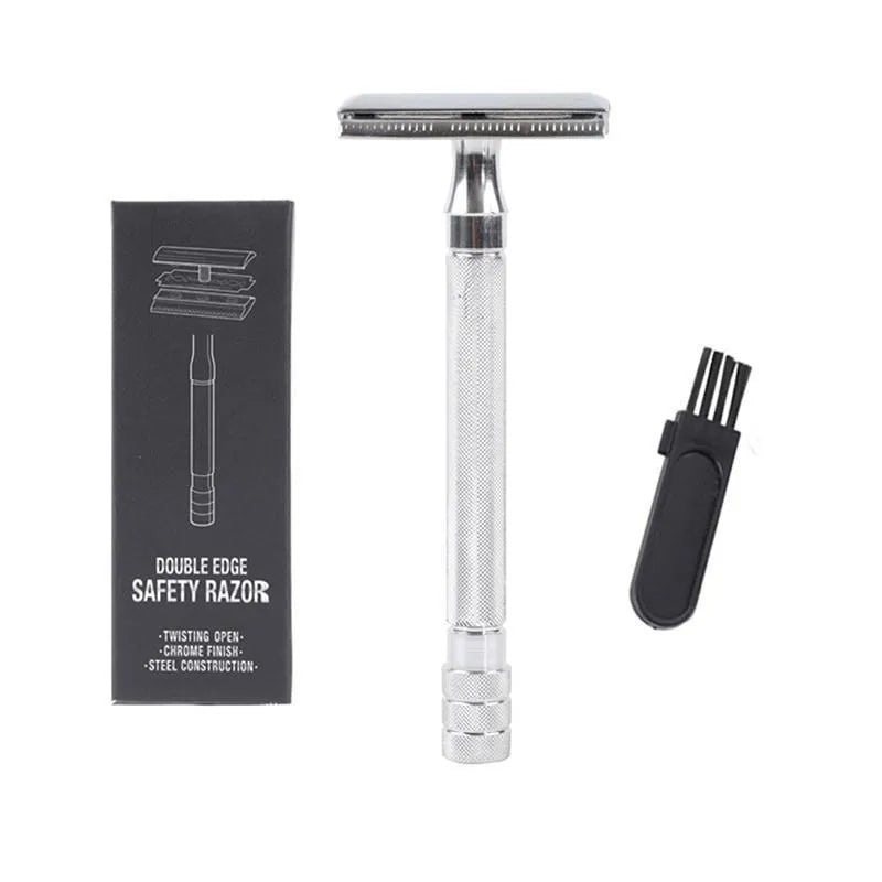 Traditional manual metal shaver with chrome plating and included shaving brush