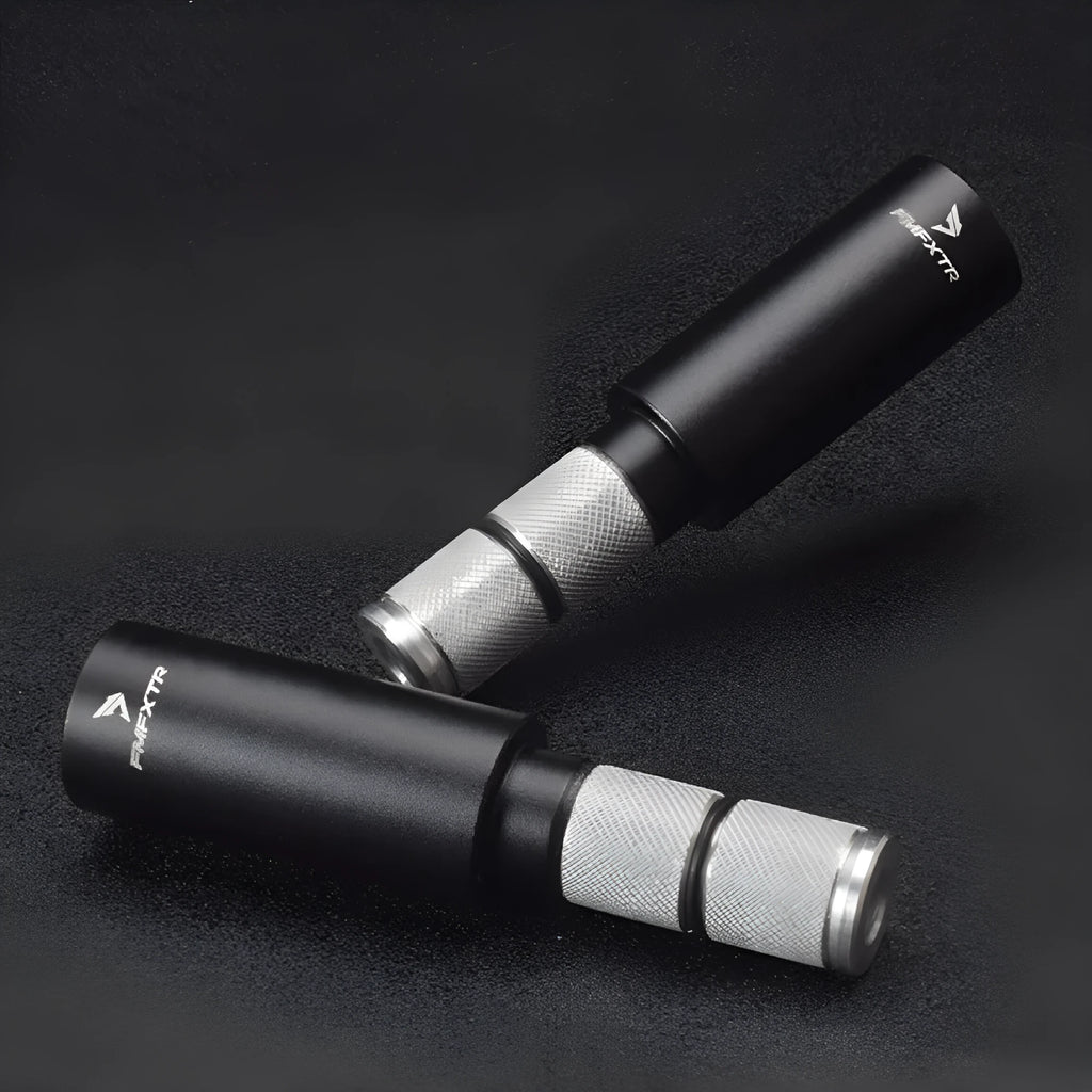 A pair of silver aluminium alloy bicycle handlebar extension rods for mountain bikes, showing folding design.