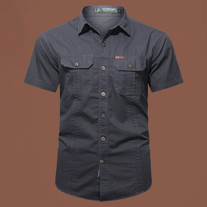 Men's short sleeve cotton work shirt in a loose cardigan style, shown in various colours including army green and blue.