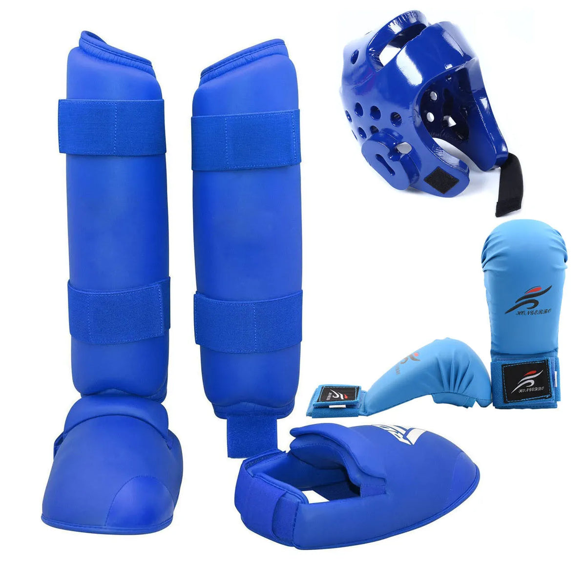 Red and blue martial arts protective gear set showing leg guards and a helmet on a white background.