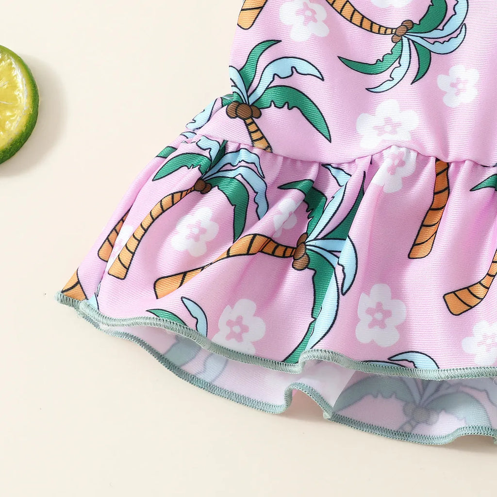 Girls' white two-piece swimsuit set with a shirt top and shorts on a hanger.