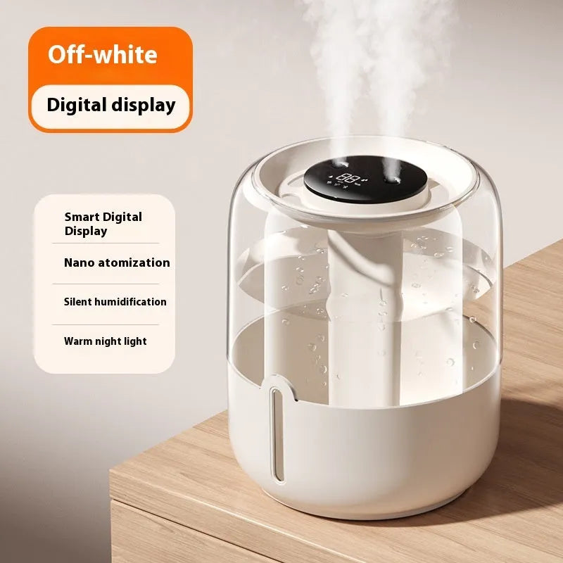 Beige circular USB humidifier with dual spray nozzles and humidity display