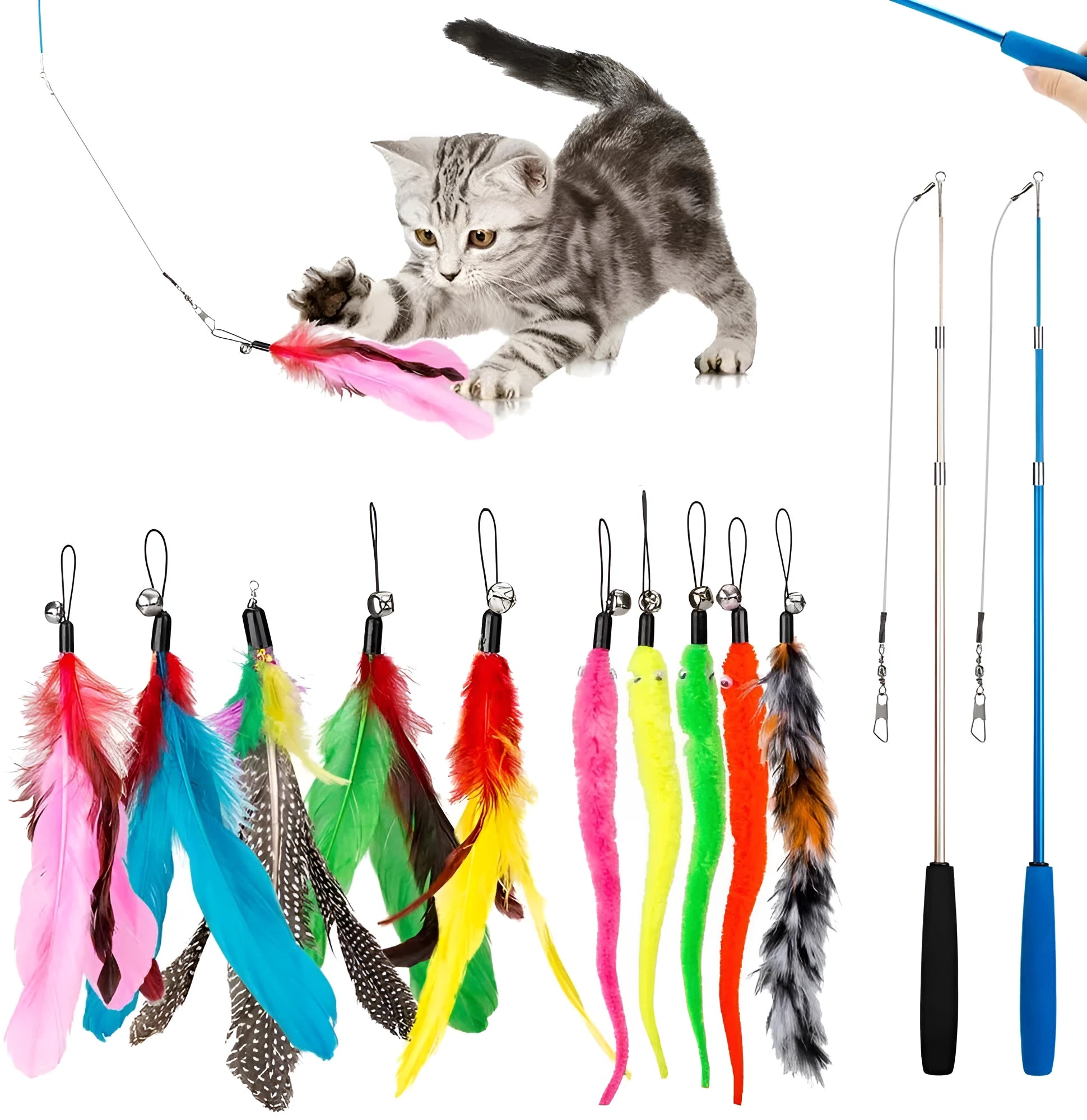 Cat teaser fishing rod with feather attachments and replacement heads