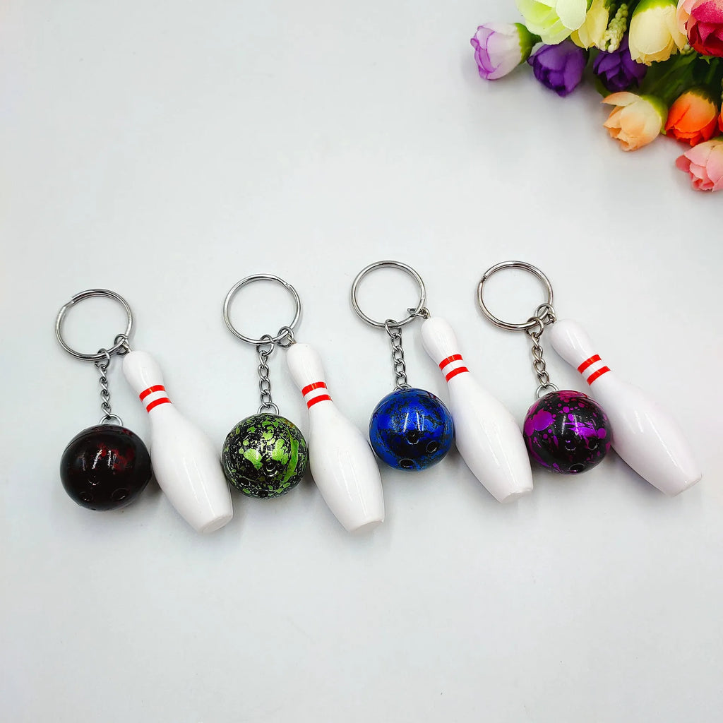 Mini bowling keychain pendant in four colour options on keyring