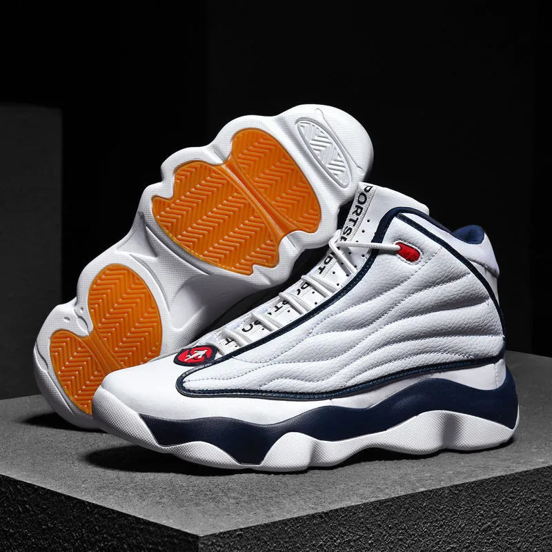 Men's high-top basketball shoes in AJ13 white red colourway with mesh upper and thick rubber sole.