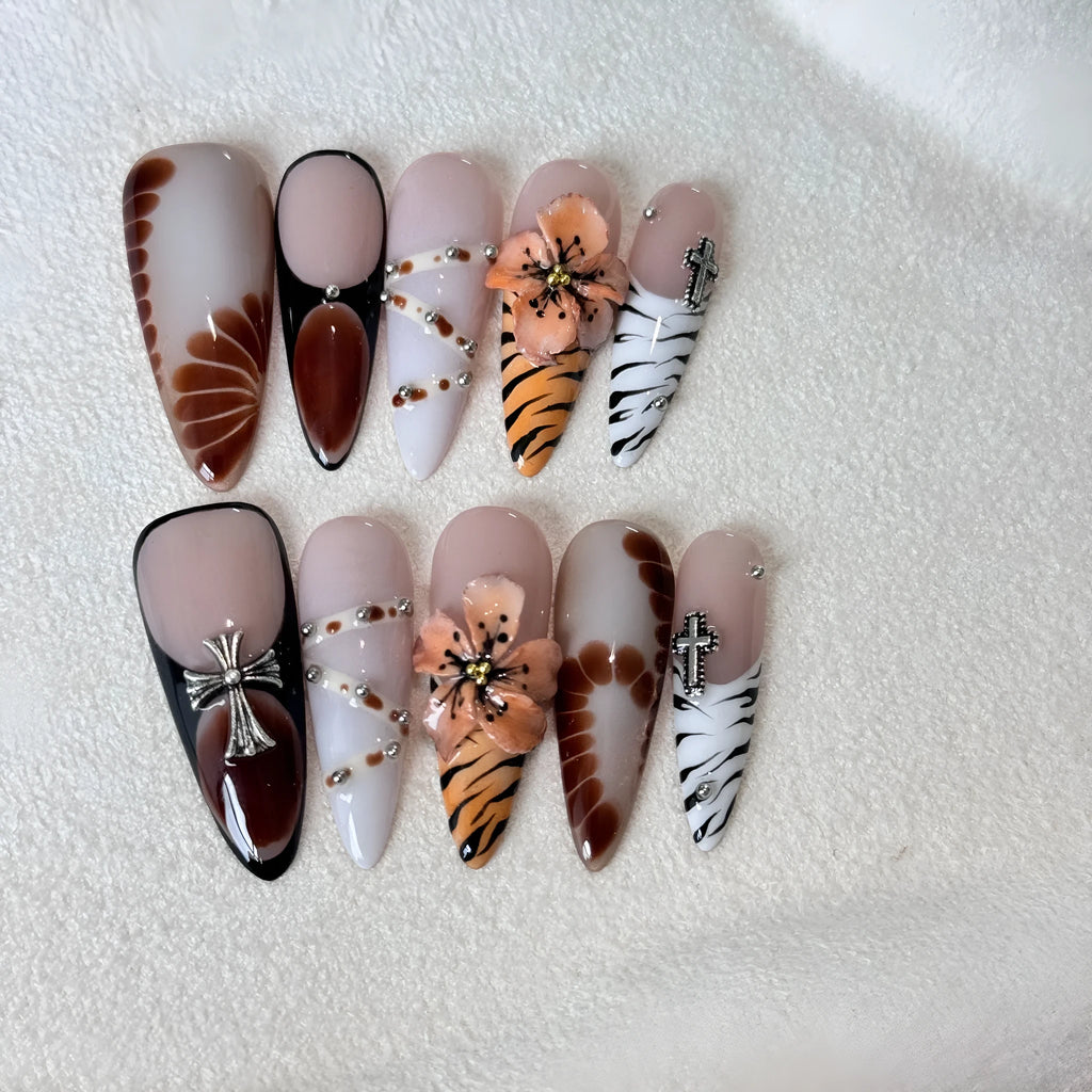 Handmade French style artificial nail stickers with leopard, cross, and flower prints in long-tip wear-resistant design.