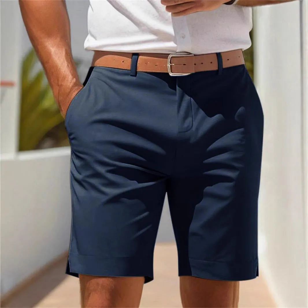 Men's light gray polyester business suit shorts with straight leg cut