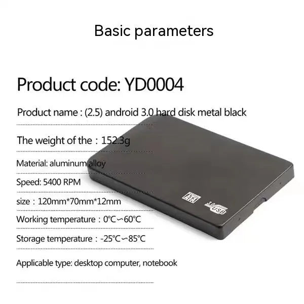 USB 3.0 solid state external hard drive with metal casing in black, blue, red, or silver.