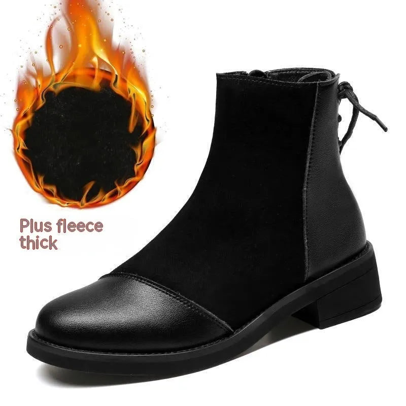 Black women's knee boots with side zip, round toe, short heel and decorative bow.