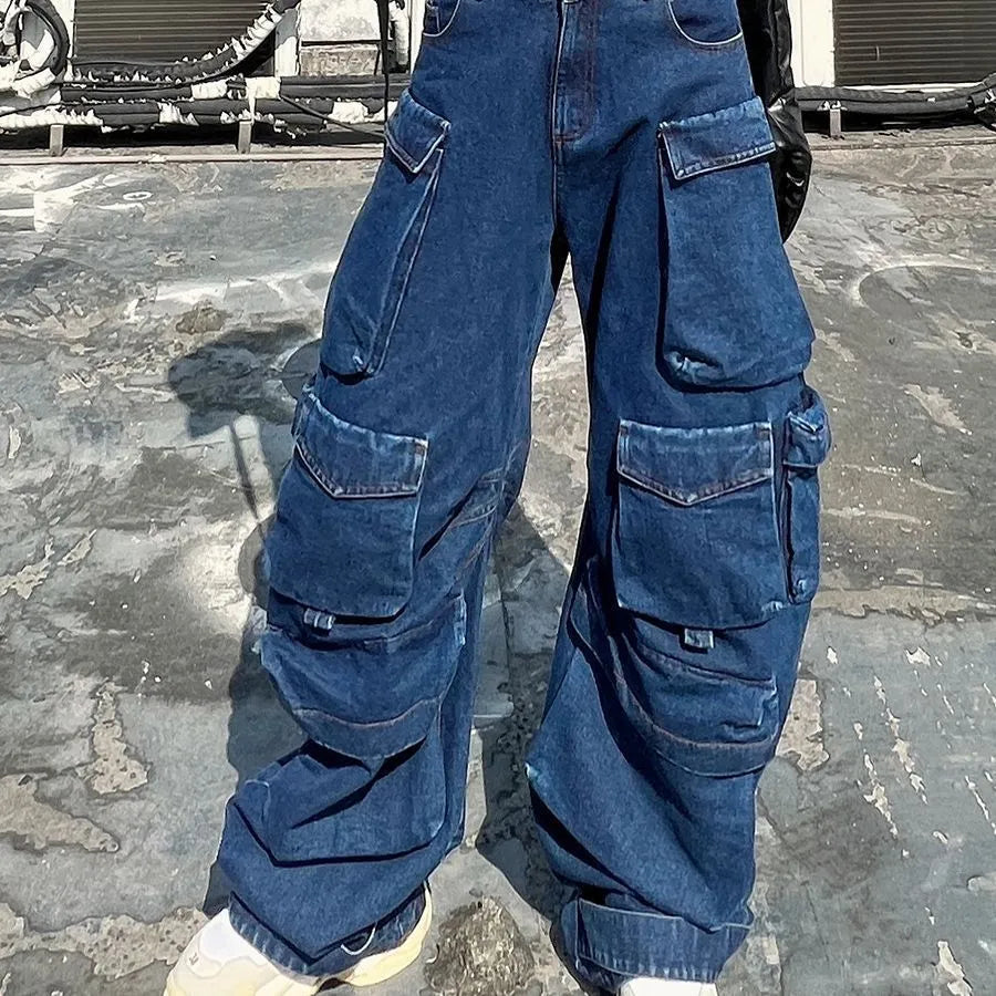 Dark blue distressed wide leg jeans with high waist and multiple pockets